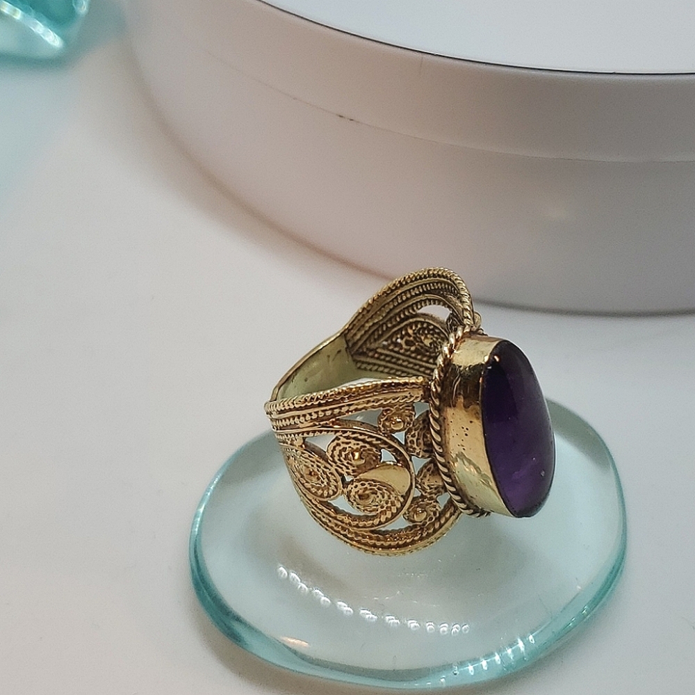 Amethyst Scroll design 14kt. Cigar band ring